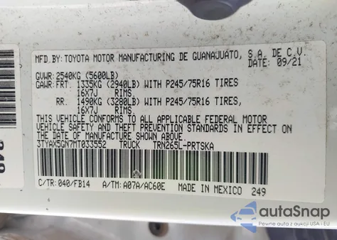 2021 Toyota Tacoma Sr из США, поврежденный, VIN 3TYAX5GN7MT033552